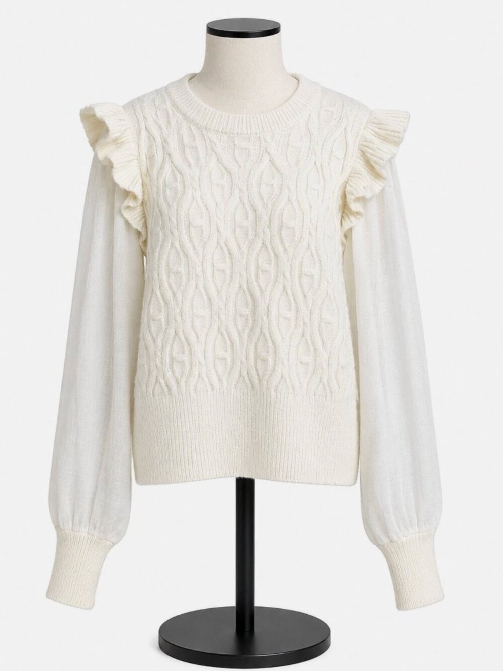 Anthropologie Ivory Cable-Knit Ruffle-Shoulder Sweater